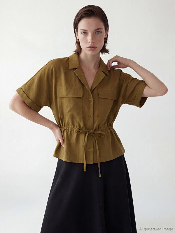 Moudda LC Waikiki - Chemise manches courtes en tissu pour Femme couleur Vert olive - Tunisie 1
