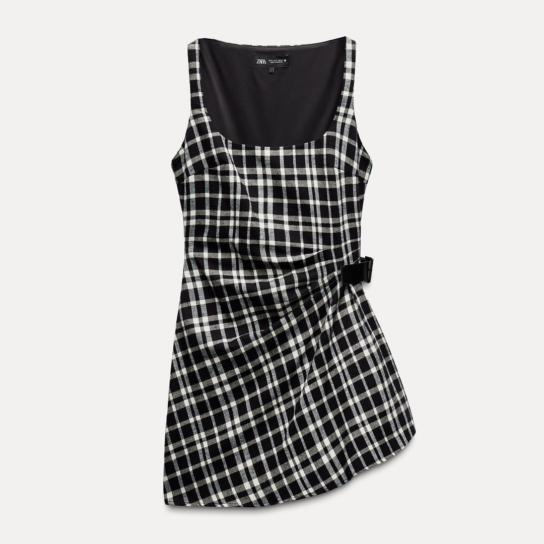 Moudda ZARA - Robe courte carreaux fines bretelles croisée détail ceinture - Tunisie 1