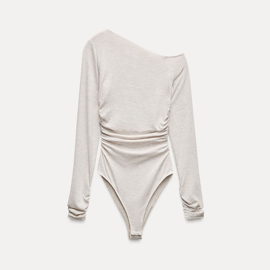 Moudda ZARA - Beige Vigo – body toucher doux encolure asymétrique froncé - Tunisie 1
