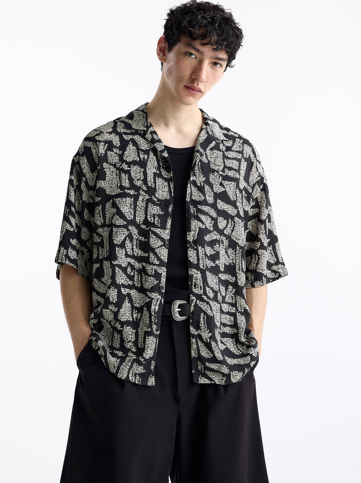 Moudda PULL & BEAR - Chemise Demi-Manches B&W Imprimé Fancy Stripe Noir - Tunisie 8