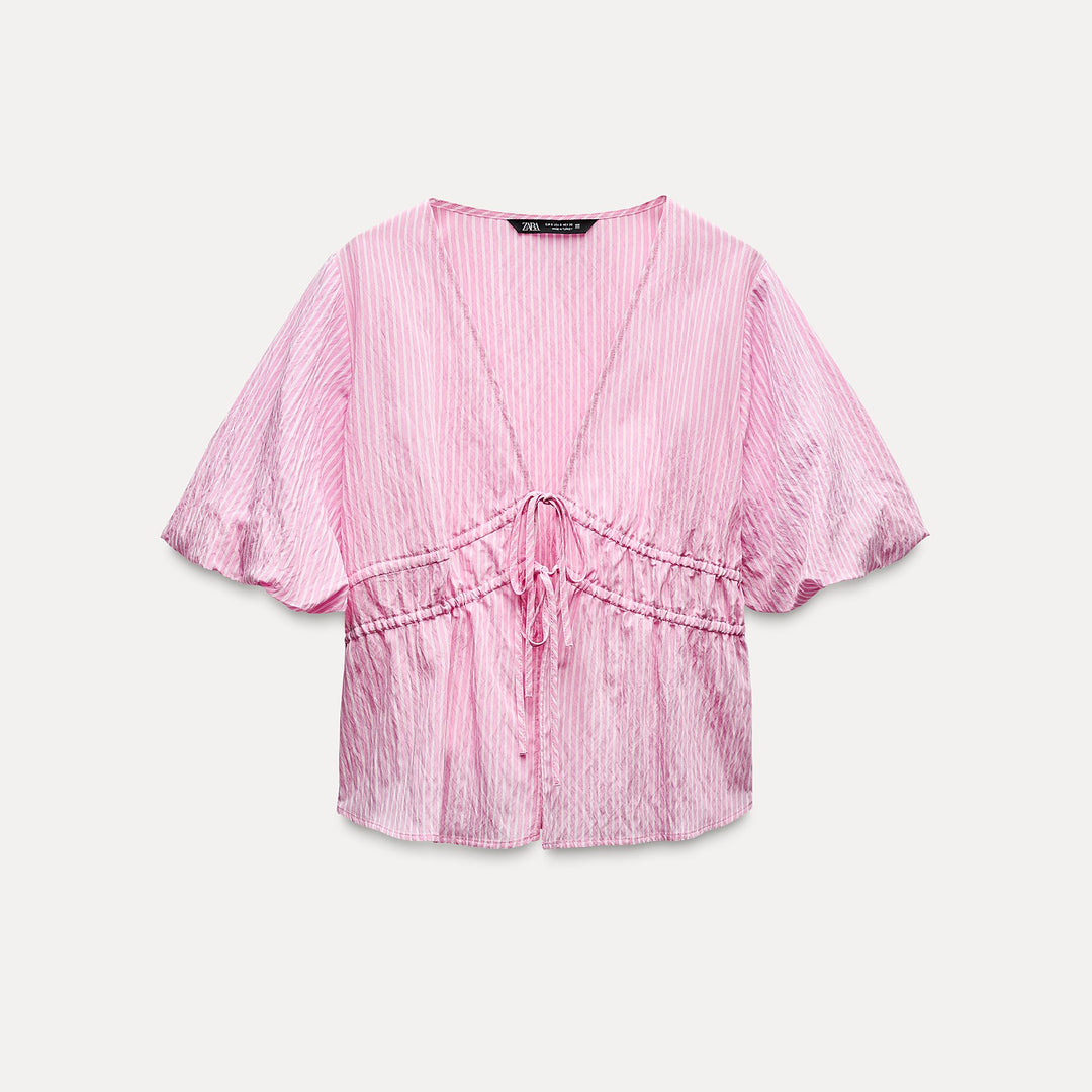 Moudda ZARA - Top rayé rose petits nœuds encolure manches bouffantes - Tunisie 2
