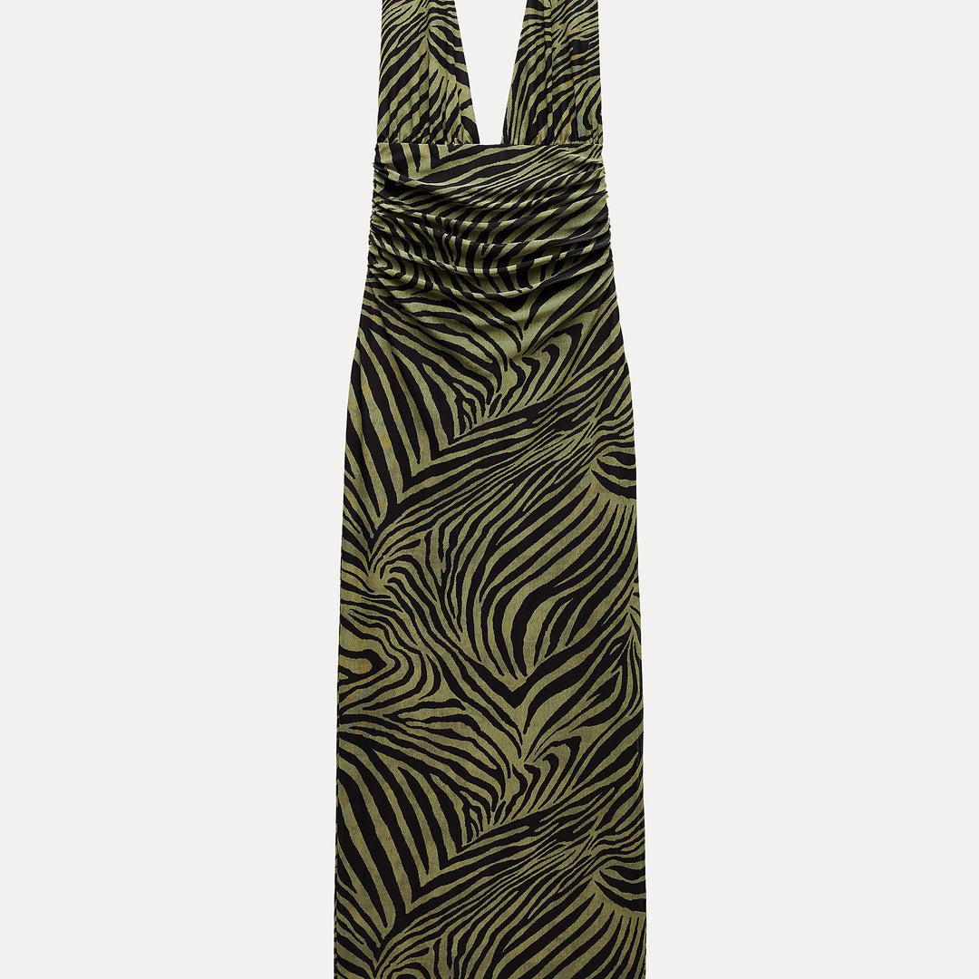 Moudda ZARA - Robe mi-longue mesh col licou encolure en V drapée imprimée zèbre - Tunisie 1