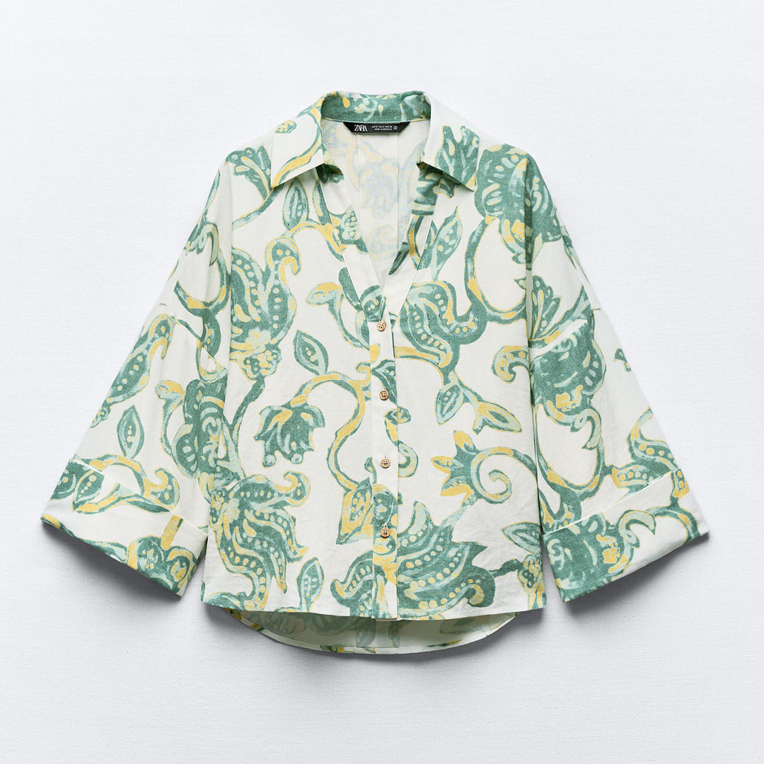 Moudda ZARA - Set chemise lin/viscose imprimée feuilles manches amples - Tunisie 2