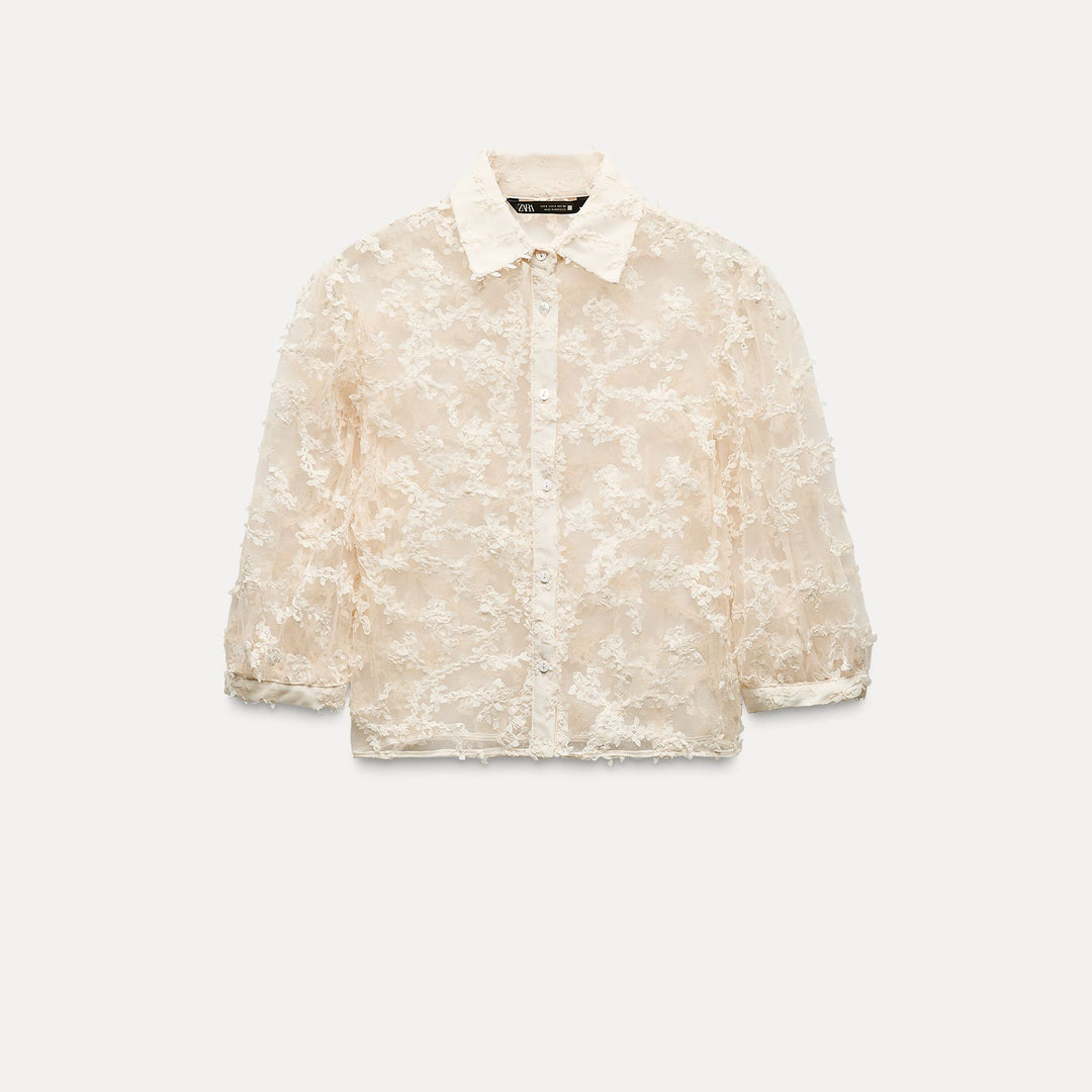 Moudda ZARA - Haut court imprimé fleurs en 3D, manches bouffantes - Tunisie 1