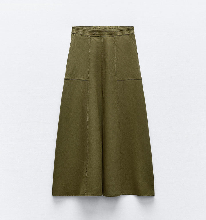 Moudda ZARA - Jupe mi-longue en lin/viscose, ceinture surpiquée, poches - Tunisie 2
