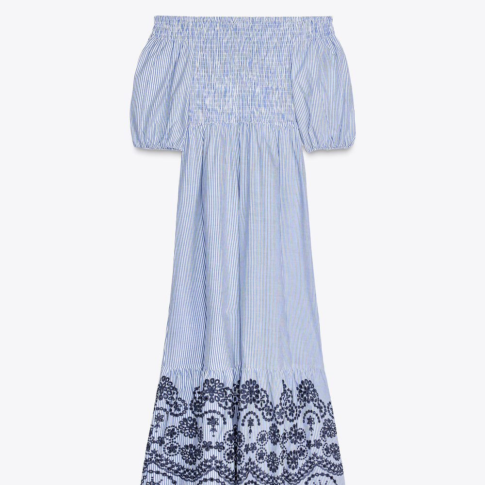 Moudda ZARA - Robe Midi - Rayure, Broderie Suisse, Off-Shoulder & Manches Bouffantes - Tunisie 2