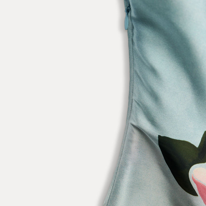 Moudda ZARA - Robe mi-longue satinée asymétrique imprimée fleurs fond bleu - Tunisie 4