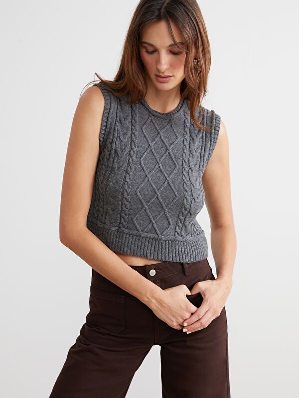 Moudda LC Waikiki - Pull tricot sans manches Femme Gris foncé - Tunisie 1